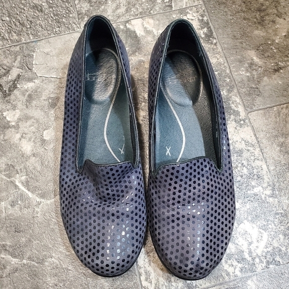 Dansko Olivia Navy Blue Suede Leather Confetti Polka Dot Comfort Loafers 38 - Picture 4 of 7